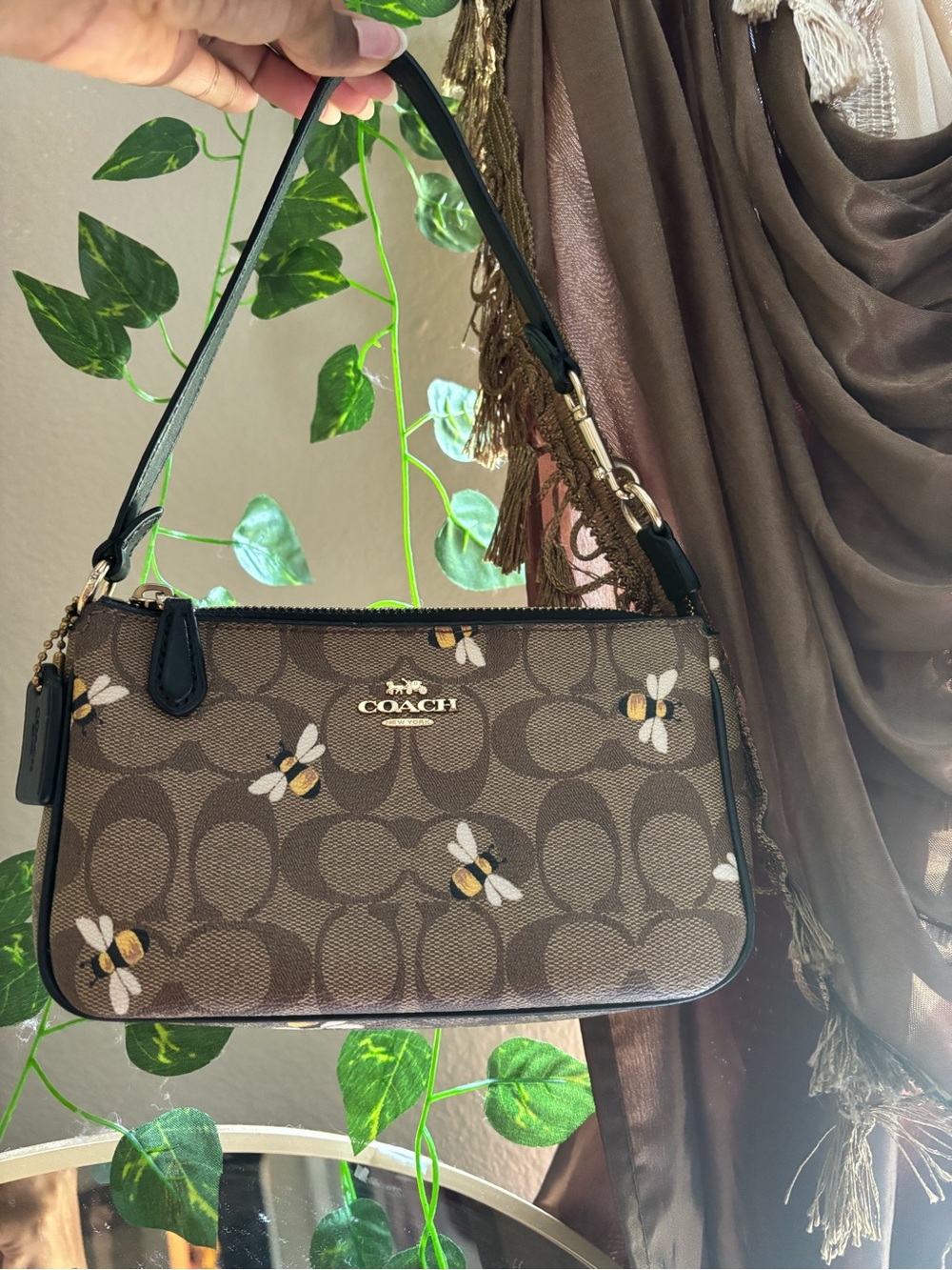 Coach Brown Signature Bee Print Shoulder Bag with Black Trim - Picture 3 of 16